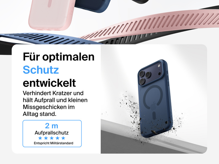 Belkin SheerForce Grip Series Case for iPhone 17 shown with textured grip and impact protection against drops.