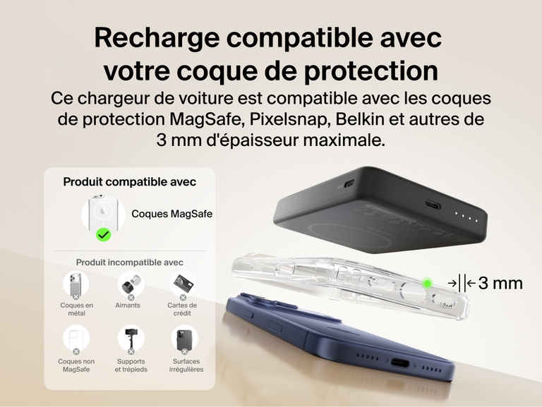 Belkin BoostCharge Slim Magnetic Power Bank 10K charging through a MagSafe-compatible phone case up to 3mm thick with clear compatibility and non-compatible case examples
