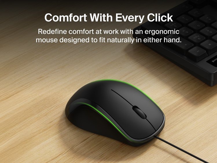 Image of the Belkin Connect Wired Keyboard and Mouse Combo highlighting the ergonomic wired mouse designed for comfortable, precise everyday use.
