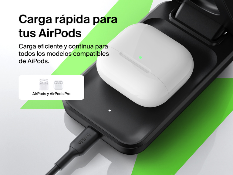 El cargador magnético plegable 3 en 1 con Qi2 25W Belkin UltraCharge proporciona carga inalámbrica rápida para AirPods y AirPods Pro con una gran compatibilidad.