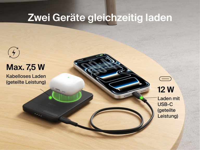 Belkin BoostCharge Slim Magnetic Power Bank 5K with Qi2 charging two devices simultaneously using magnetic wireless charging and USB-C wired output for shared power.