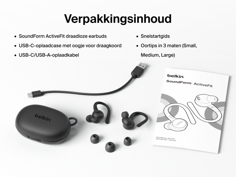 Belkin SoundForm ActiveFit Wireless Earbuds with USB-C charging case, USB-C to USB-A cable, quick start guide, and three ear tip sizes included in the box.