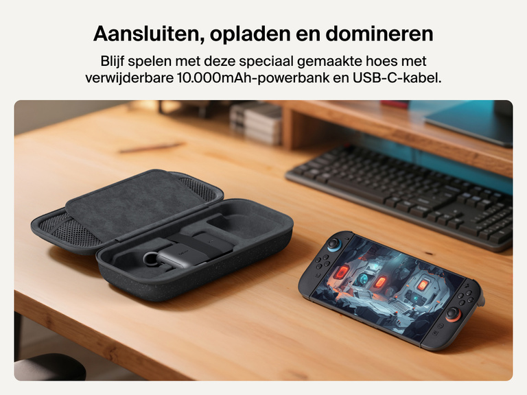 Afbeelding van een Belkin Gaming opberghoes met powerbank voor de Nintendo Switch 2 die opengeklapt op een bureau ligt en waarop een 10.000mAh-powerbank en een USB-C-kabel te zien zijn die zijn aangesloten op een Switch 2 die gebruikt wordt.