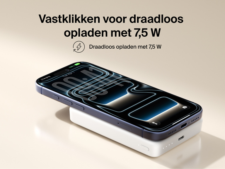 Belkin BoostCharge Slim Magnetic Power Bank 10K magnetically attached to a smartphone delivering 7.5W wireless charging in a slim portable design