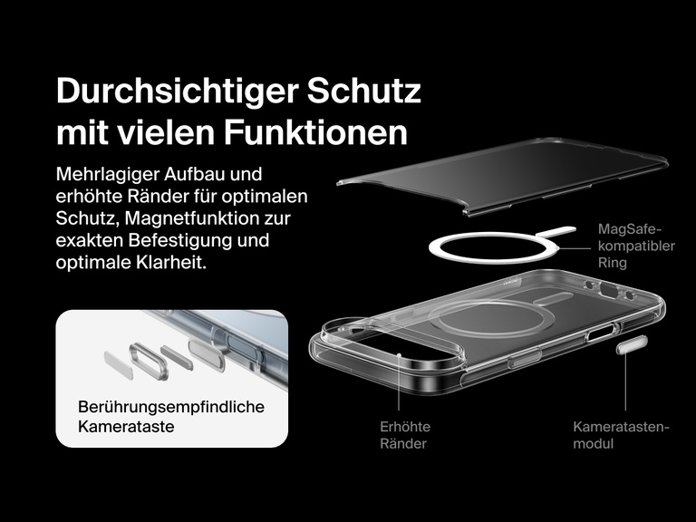 Belkin SheerForce Clear Series Case for iPhone 17 with raised edges, MagSafe-compatible ring, touch-sensitive camera button, and layered clear protection design.