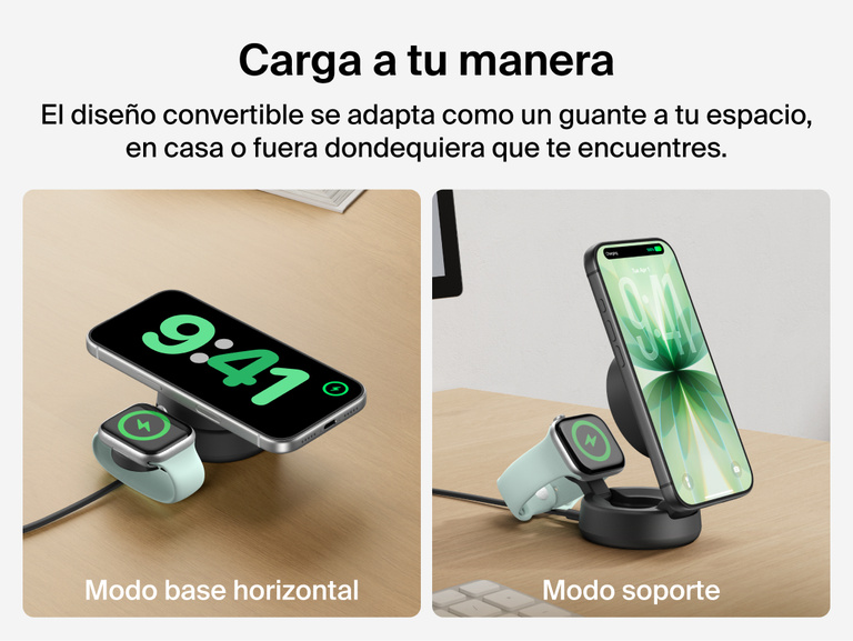 El cargador magn&eacute;tico convertible 2 en 1 con Qi2 de 25 W Belkin UltraCharge Pro se transforma de soporte vertical a base horizontal para adaptarse a tus necesidades de carga. Te permite cargar de forma inal&aacute;mbrica y a gran velocidad un smartphone y un Apple Watch en casa o all&iacute; donde te encuentres.