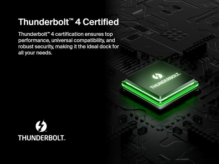 Graphic highlighting Thunderbolt 4 certification benefits for the Belkin Connect Pro Thunderbolt 4 Dock, emphasizing top performance, universal compatibility, and robust security on a futuristic circuit board background.