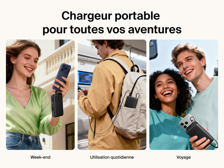Belkin UltraCharge 20K 45W power bank with integrated cable used for travel and everyday carry, providing portable fast charging for smartphones on the go