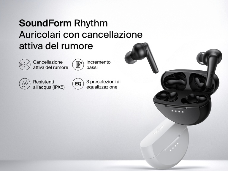 Immagine degli auricolari con cancellazione del rumore Belkin SoundForm Rhythm ANC posizionati nelle custodie di ricarica di colore bianco e nero, e dotati di cancellazione attiva del rumore, bassi profondi, resistenza all'acqua di grado IPX5 e 3 preselezioni di equalizzazione.