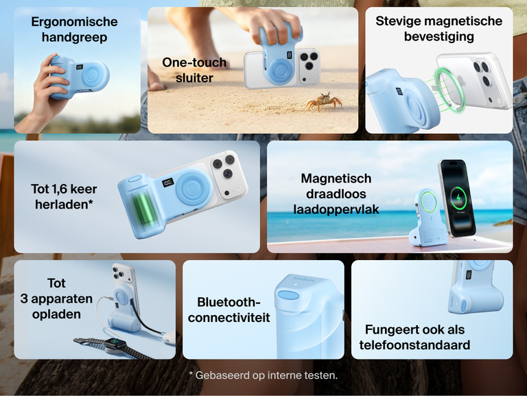 Belkin Stage PowerGrip shown in multiple lifestyle and product views highlighting ergonomic grip design, magnetic wireless charging, Bluetooth connectivity, phone stand functionality, and ability to charge up to three devices.