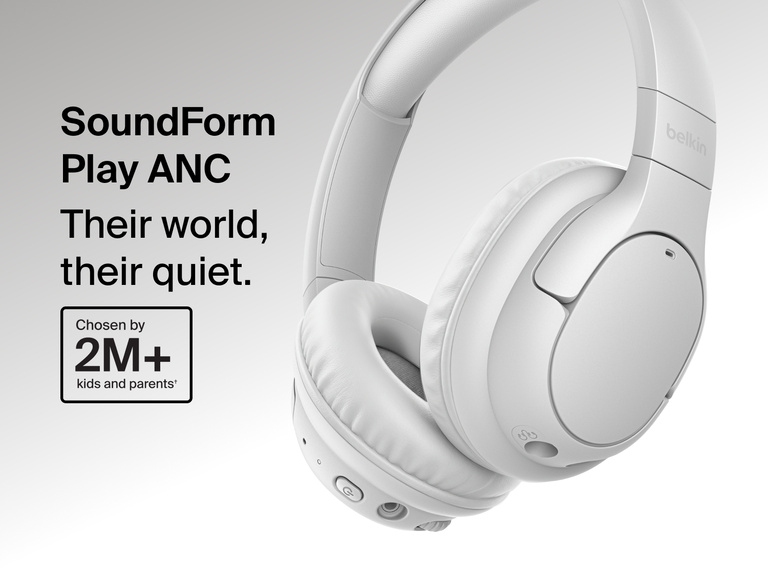 SoundForm Play Active Noise Cancelling Headphones for Kids shown in a close-up view highlighting the padded ear cushion and adjustable headband