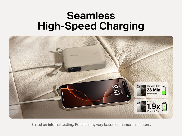 Belkin BoostCharge Power Bank 10K with Display shown delivering high-speed 20W charging to an iPhone 16 Pro, charging 0–50% in 28 minutes and providing up to 1.9 full recharges.