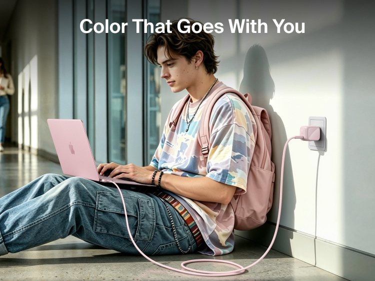 Student using a MacBook Neo while charging with the Belkin BoostCharge Compact USB-C Charger 30W and braided USB-C cable in a hallway.