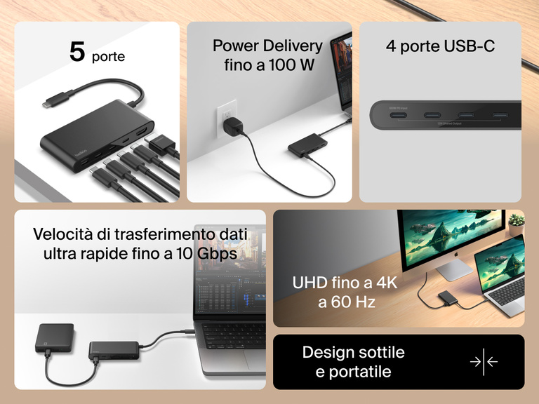 Belkin Connect 5-Port USB-C Hub with 4K HDMI offers 100W power delivery, 10Gbps data transfer, and slim portable design.