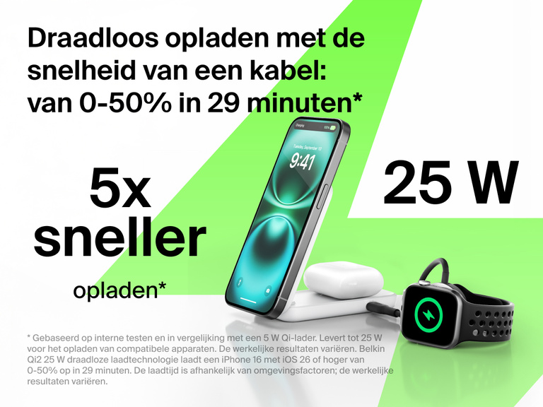 De Belkin UltraCharge 2-in-1 uitklapbare magnetische lader met Qi2 25W laadt een iPhone, AirPods en een Apple Watch tot 50% op in 29 minuten met vijf keer snellere draadloze prestaties.