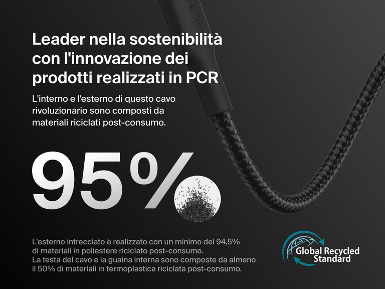 Close-up of the Belkin BoostCharge USB-C to Micro-USB Braided Cable 15W highlighting 95% recycled material construction and Global Recycled Standard certification on a dark background.