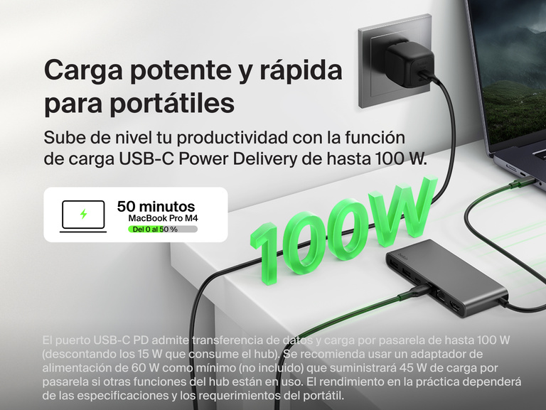 Se muestra el hub USB-C de 8 puertos con 2.5Gb Ethernet de Belkin conectado a un portátil y un cargador de pared. Se hace hincapié en la enorme potencia y velocidad de la función de carga USB-C Power Delivery de hasta 100 W para recargar un portátil veloz y eficientemente.