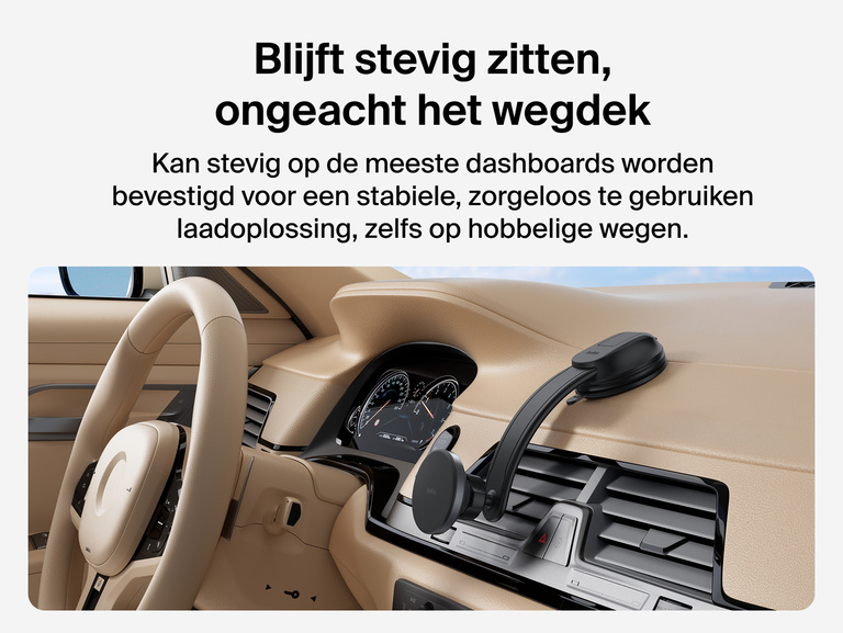 Belkin BoostCharge Magnetic Wireless Charging Car Vent and Dash Mount shown secured to a car dashboard with gel adhesive, highlighting compatibility with vegan leather, wood, plastic, and metal surfaces.