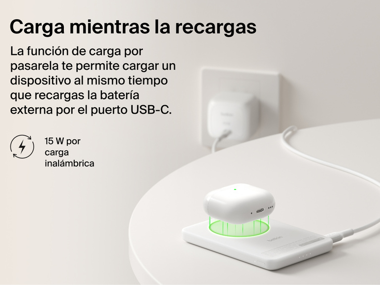 Belkin BoostCharge Slim Magnetic Power Bank 5K with Qi2 demonstrating pass-through charging, wirelessly powering a device while the power bank recharges via USB-C.