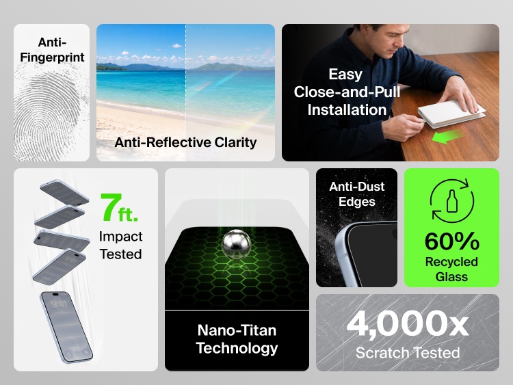 Belkin Titan SmartShield Anti-Reflective Screen Protector for iPhone 18 features anti-fingerprint and anti-reflective clarity, Nano-Titan technology, 7-foot impact testing, 4,000 scratch tests, anti-dust edges and easy installation.