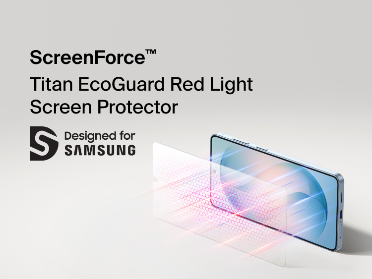 Belkin ScreenForce Titan EcoGuard Red Light Screen Protector designed for Samsung Galaxy S26, shown applying durable screen protection that helps reduce blue light exposure while preserving display clarity.