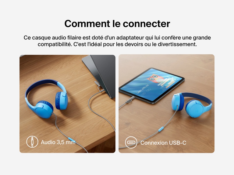 Side-by-side images showing Belkin Wired On-Ear Headphones for Kids connected to a laptop via 3.5mm audio jack and to a tablet via USB-C, demonstrating broad device compatibility.