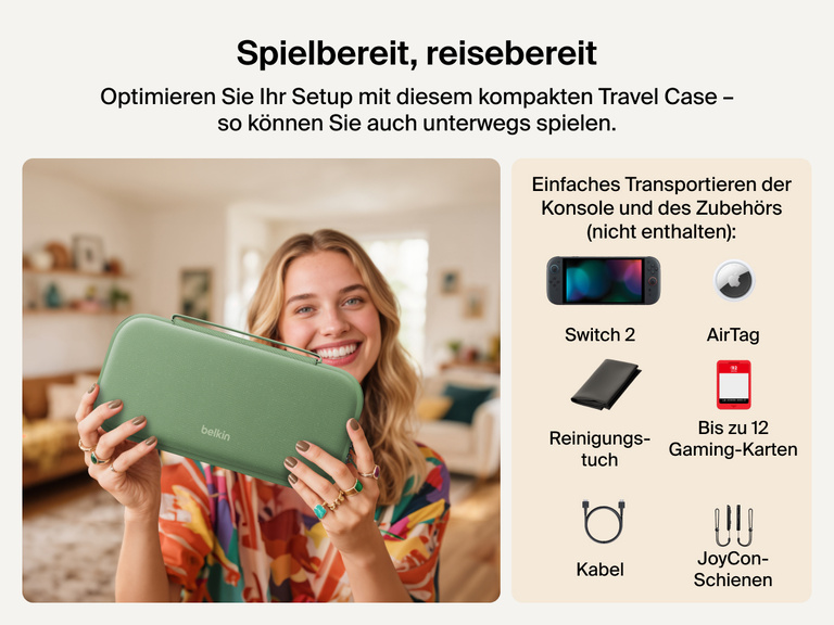 Smiling woman holds the Belkin Gaming Charging Case for Nintendo Switch 2, a compact travel case designed to carry your console and accessories like game cards, cables, JoyCon rails, and AirTag (not included).
