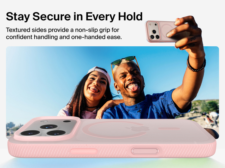 Belkin SheerForce Grip Series Case for iPhone 17 with military-grade drop protection and textured non-slip grip.