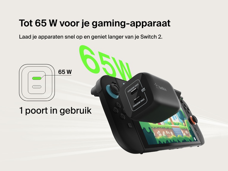 De Belkin Gaming 2-poorts USB-C-wandlader (65 W) geeft de Nintendo Switch 2 snel stroom om te gamen, met een uitgangsvermogen tot 65 W via één USB-C-poort.