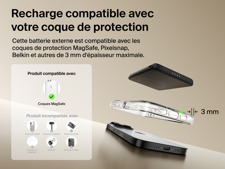 Belkin BoostCharge Slim Magnetic Power Bank 5K shown aligning with a smartphone and MagSafe-compatible case, demonstrating wireless charging through cases up to 3mm thick.