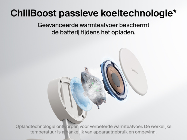 De Belkin UltraCharge Pro 2-in-1 verstelbare magnetische lader met Qi2 25W werkt met ChillBoost passieve koeltechnologie om warmte beter af te voeren en batterijen te beschermen tijdens het snel draadloos opladen.