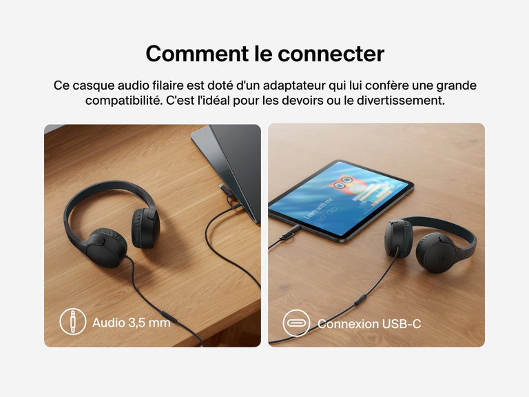 Side-by-side images showing Belkin Wired On-Ear Headphones for Kids connected to a laptop via 3.5mm audio jack and to a tablet via USB-C, demonstrating broad device compatibility.