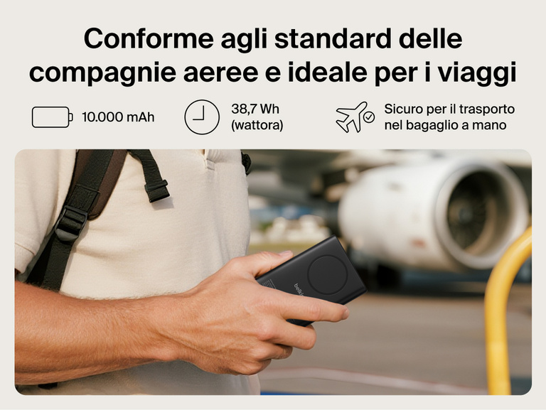 Belkin UltraCharge Pro Power Bank 10K with magnetic ring shown in hand at an airport, highlighting TSA-compliant 10,000 mAh capacity for travel-ready portable charging.