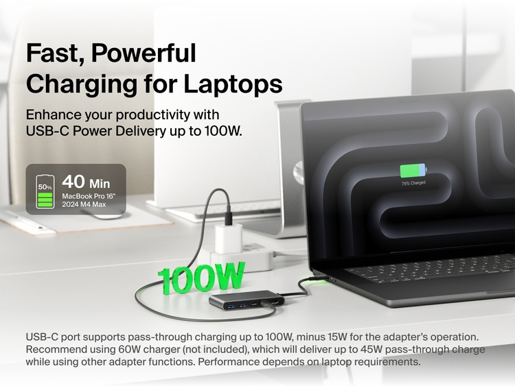 Belkin Connect 5-Port USB-C Hub with Dual USB-C Ports delivers fast laptop charging with up to 100W USB-C Power Delivery.