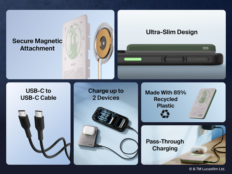 Belkin BoostCharge Slim Magnetic Power Bank 5K shown highlighting key features including secure magnetic ring, ultra-slim design, USB-C to USB-C cable, dual device charging, recycled materials, and pass-through charging capability.