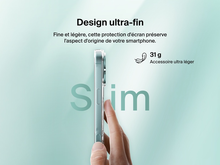 A promotional image showcasing the ultra-thin design of the SheerForce™ Magnetic iPhone Case. A hand holds the slim, lightweight case, emphasizing its minimalist form factor that maintains the phone’s natural look and feel. The text highlights the 31g ultra-light weight, ensuring a comfortable and sleek user experience.