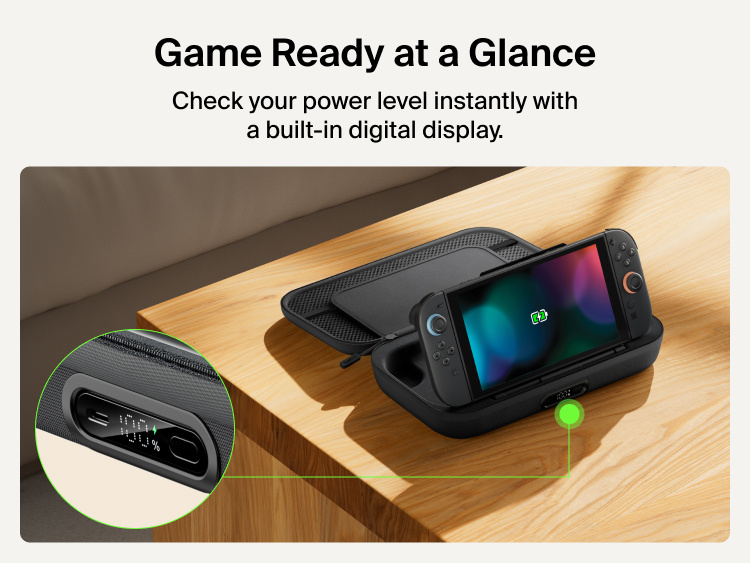 Belkin Gaming Charging Case Pro for Nintendo Switch 2 shown with built-in digital battery display and charging dock for quick power status at a glance.