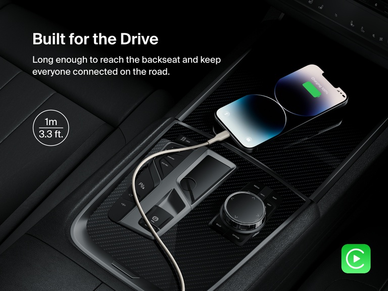 Belkin BoostCharge USB-C to USB-C Cable 240W in a car setup with a 1.5m length, enabling easy device access and seamless Apple CarPlay and Android Auto connectivity while charging.