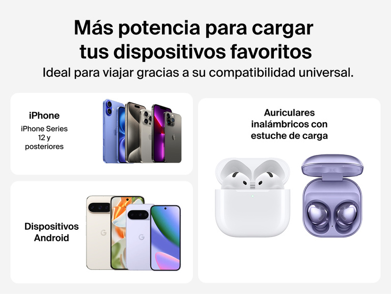 Belkin BoostCharge Slim Magnetic Power Bank 10K compatibility graphic showing support for iPhone 12 and later, Android smartphones, and wireless earbuds with charging cases