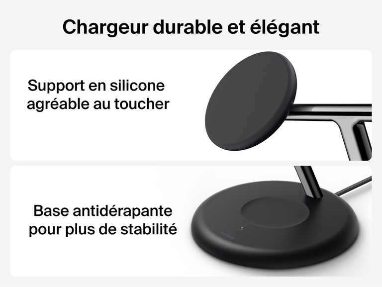 Belkin UltraCharge 3-in-1 Wireless Charging Stand with Qi2 25W highlighting soft-touch adjustable magnetic mount and stable non-slip base for durable everyday use