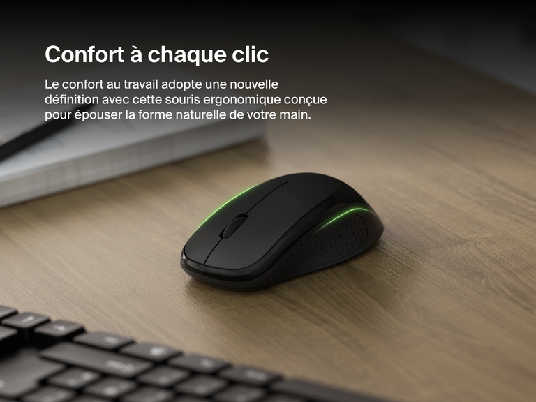 Une vue rapprochée de la souris ergonomique Connect de Belkin avec des détails lumineux verts sur un bureau en bois, conçue pour une utilisation confortable avec une main ou l'autre.