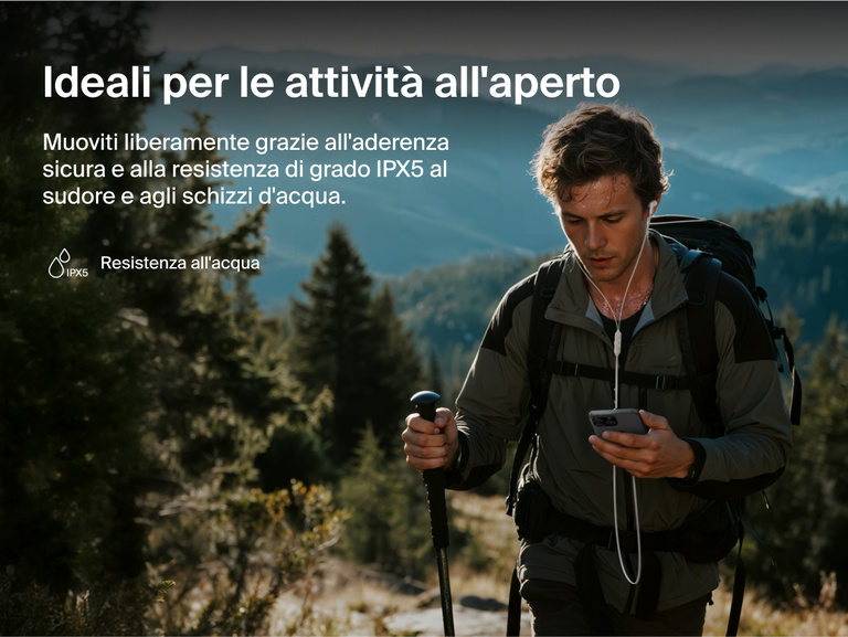 Belkin SoundForm ANC Wired Earbuds with USB-C® feature IPX5 water resistance and a secure fit for outdoor activities and active lifestyles.