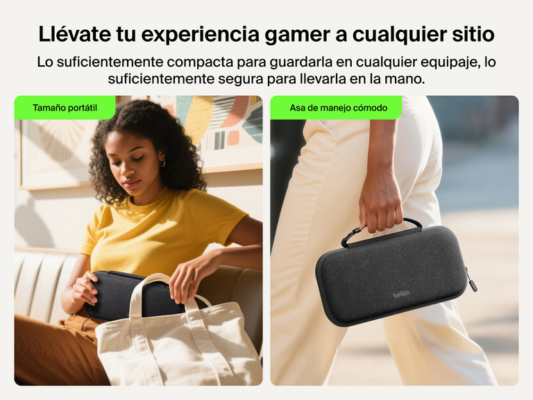 Se muestra la funda con cargador de Belkin Gaming para Nintendo Switch 2 siendo guardada fácilmente en un bolso y sostenida por su asa. Se enfatiza su tamaño portátil y su sencillo transporte que resulta ideal para viajar.