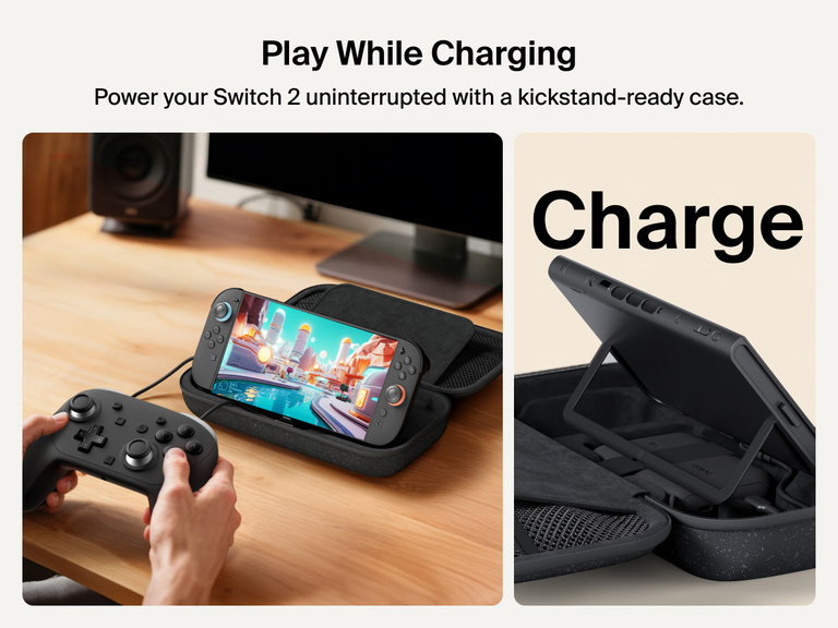 The Belkin Gaming Charging Case powers the Nintendo Switch 2 while in use, featuring a built-in kickstand for hands-free gameplay and uninterrupted charging with a connected controller.