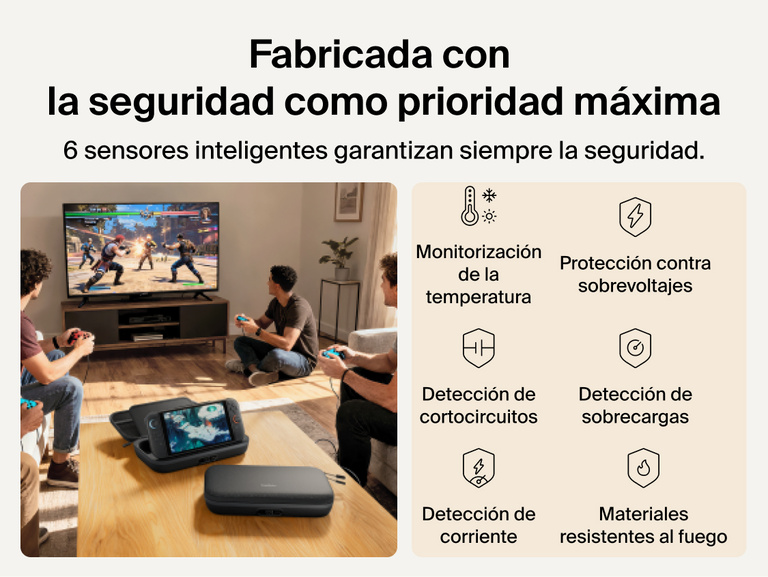 Belkin Gaming Charging Case Pro for Nintendo Switch 2 shown in a living room setup highlighting engineered safety features including temperature monitoring, overvoltage protection, overload detection, and fire-resistant materials.