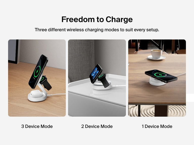 Belkin BoostCharge 3-in-1 Compact Magnetic Charging Stand shown in 3-device, 2-device, and 1-device charging modes to support flexible wireless charging setups.