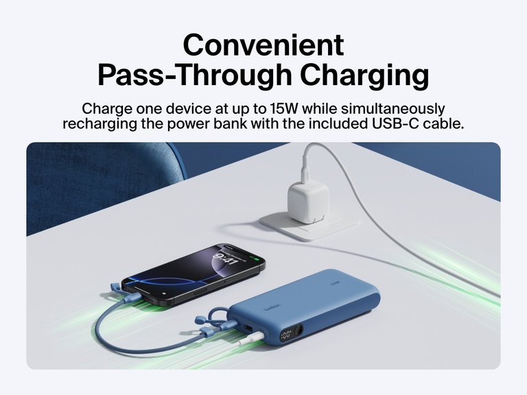 Belkin BoostCharge Power Bank 20K with Display shown using pass-through charging to power two devices at up to 15W while recharging the power bank via the included USB-C cable.