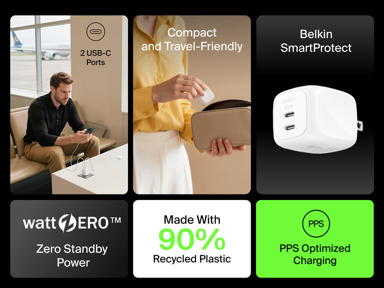 Belkin BoostCharge Pro Dual USB-C GaN Wall Charger 50W shown with features including 2 USB-C ports, PPS optimized charging, Belkin SmartProtect, compact travel-friendly design, and made with 90% recycled plastic.