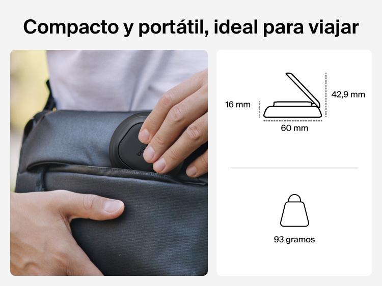 Se muestra el cargador magn&eacute;tico con Qi2 de 25 W Belkin UltraCharge, resaltando su cualidad de accesorio compacto y perfecto de viajar al caber sin problemas en una bolsa. Se hace hincapi&eacute; en sus dimensiones y su dise&ntilde;o ligero.