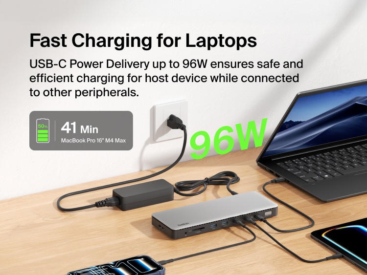 A Thunderbolt 4 dock connected to a MacBook Pro on a desk, highlighting compatibility with a 16-inch MacBook Pro M4 Max and showcasing multiple connected ports and cables.